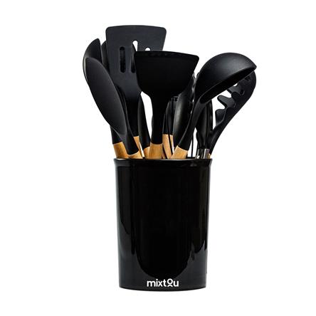 Kit 12 Utensílios De Cozinha Em Silicone E Cabo De Madeira - Preto 093-0017