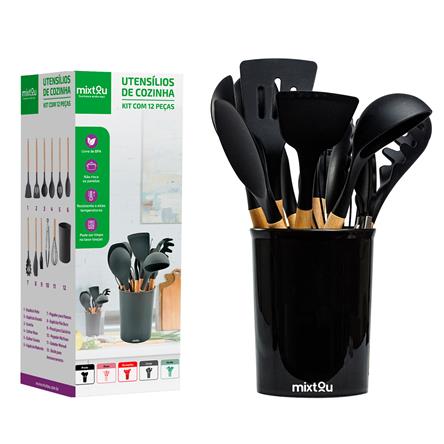 Kit 12 Utensílios De Cozinha Em Silicone E Cabo De Madeira - Preto 093-0017