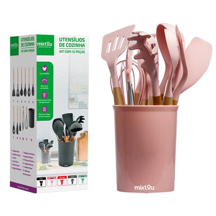 Kit 12 Utensílios De Cozinha Em Silicone E Cabo De Madeira - Rosa 093-0018