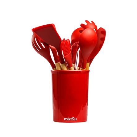 Kit 12 Utensílios De Cozinha Em Silicone E Cabo De Madeira - Vermelho 093-0019