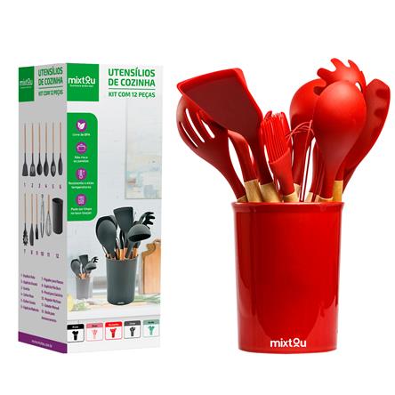 Kit 12 Utensílios De Cozinha Em Silicone E Cabo De Madeira - Vermelho 093-0019