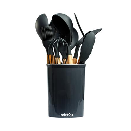 Kit 12 Utensílios De Cozinha Em Silicone E Cabo De Madeira - Cinza 093-0020