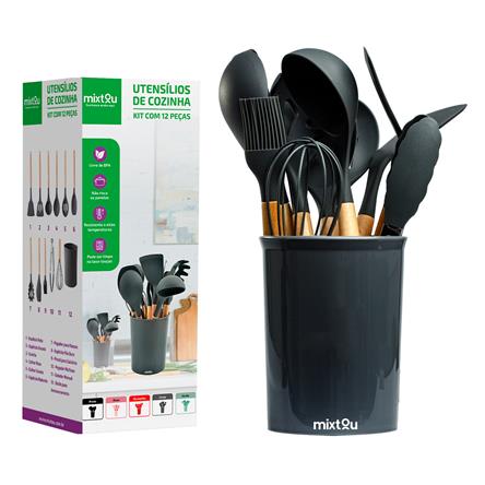 Kit 12 Utensílios De Cozinha Em Silicone E Cabo De Madeira - Cinza 093-0020