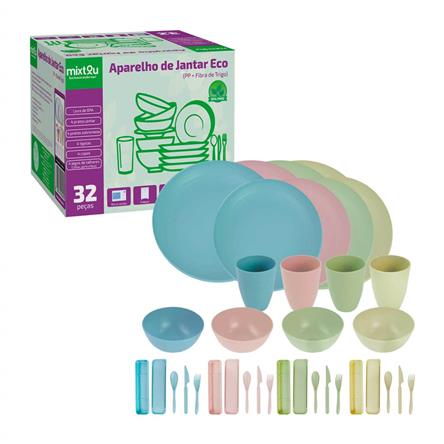 Conjunto de Louças Fibra De Trigo Premium 32pçs BPA Free Colorido Tons Pasteis 093-0103