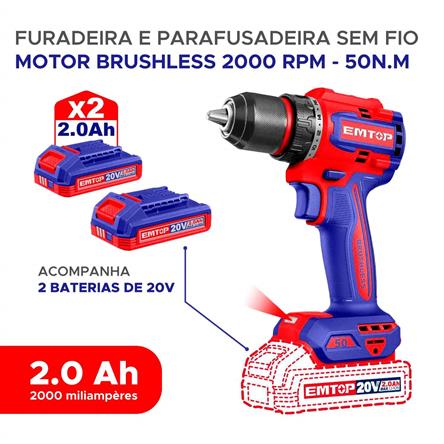 Furadeira e Parafusadeira Sem Fio Emtop 20v 2000rpm 2 Baterias ECDL205062