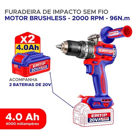 Furadeira e Parafusadeira de Impacto Sem Fio Emtop 20v 96n.m 200rpm ECIDL209686