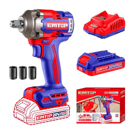 Chave de Impacto Sem Fio Emtop 20v 1/2 Polegada 2400rpm (1) ECIWL20455