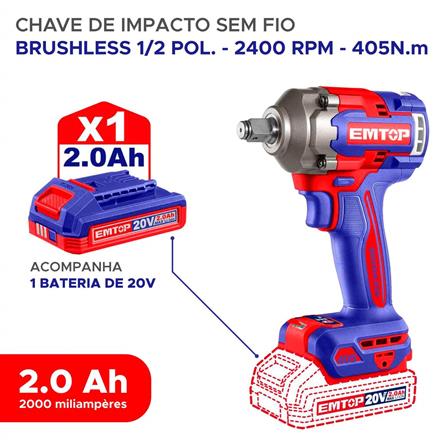 Chave de Impacto Sem Fio Emtop 20v 1/2 Polegada 2400rpm (1) ECIWL20455