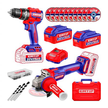 Kit 2 Em 1 Sem Fio Emtop Furadeira e Parafusadeira de Impacto 20v 66n.m  Esmerilhadeira 1200w ECKL20256