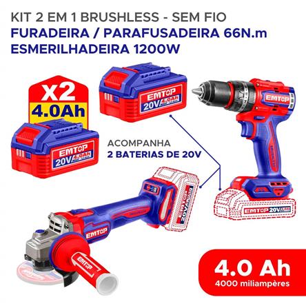 Kit 2 Em 1 Sem Fio Emtop Furadeira e Parafusadeira de Impacto 20v 66n.m  Esmerilhadeira 1200w ECKL20256