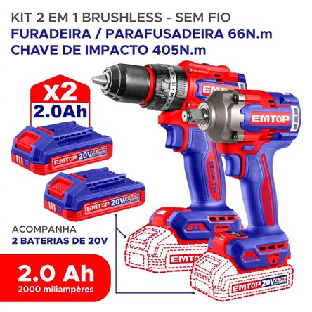 Kit 2 Em 1 Sem Fio Emtop Furadeira e Parafusadeira de Impacto 20v 66n.m  Chave de Impacto ECKL20286