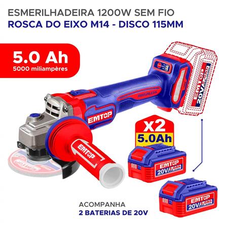 Esmerilhadeira Angular Sem Fio Emtop 1200w 115mm M14 C/2 Baterias ELAG2120252