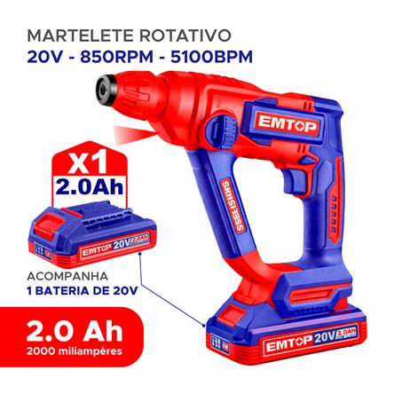 Martelete Rotativo Sem Fio Emtop 20v 850rpm 5100bpm ELRH201881